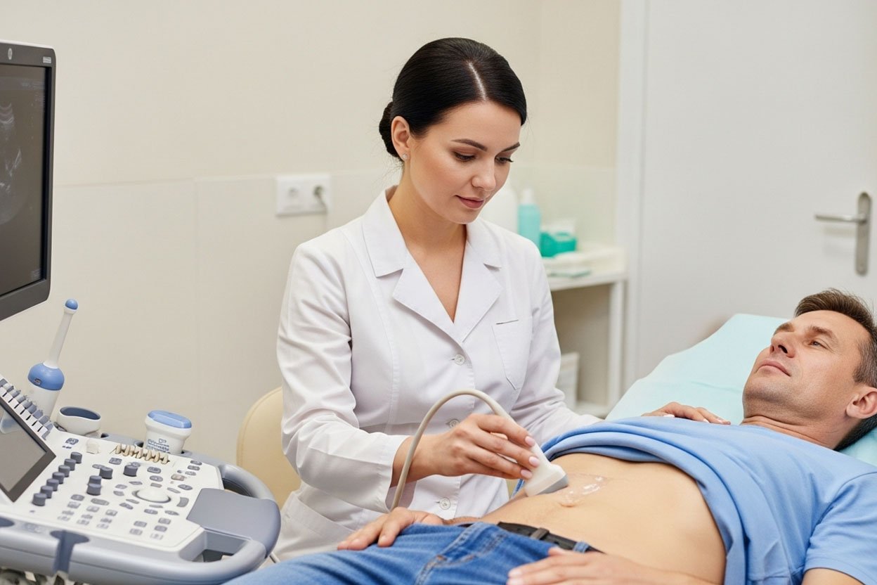 Врач проводит процедуру УЗИ для пациента